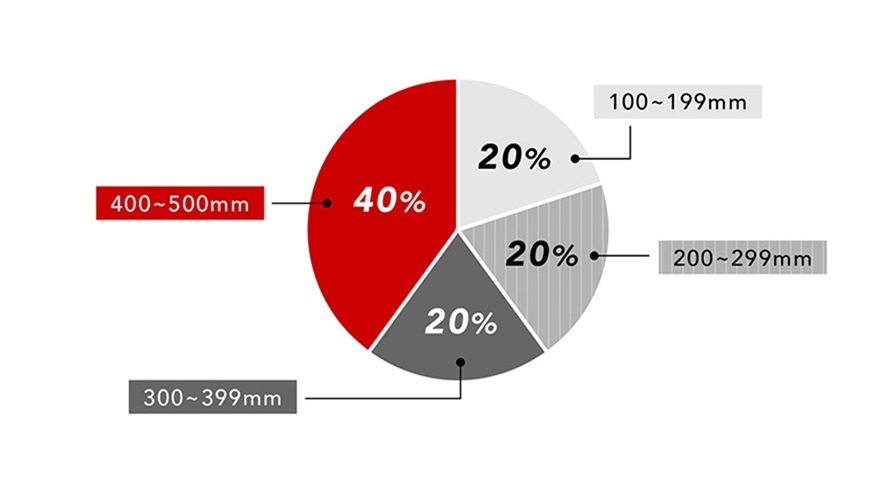 100-199mm 20%、200-299mm 20%、300-399mm 20%、400-500mm 40%