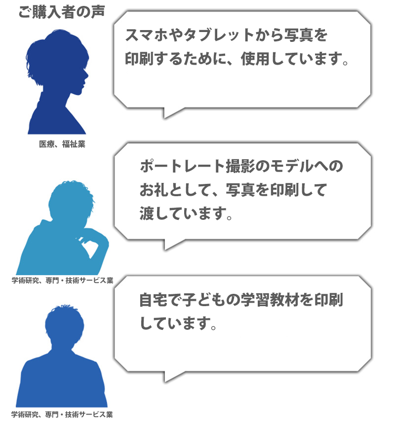 ご購入者の声 スマホやタブレットから写真を印刷するために、使用しています。医療、福祉業 ポートレート撮影のモデルへのお礼として、写真を印刷して渡しています。学術研究、専門・技術サービス業 自宅で子どもの学習教材を印刷しています。 学術研究、専門・技術サービス業