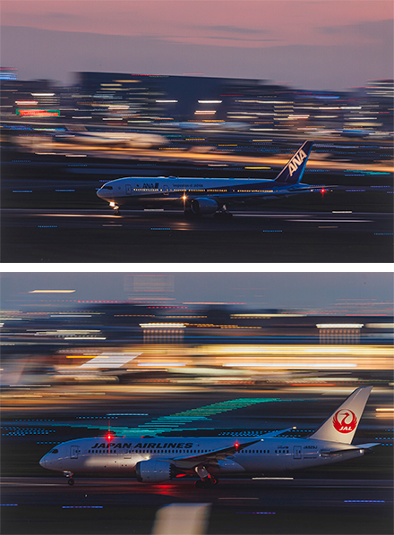 夜の飛行場での飛行機の流し撮り