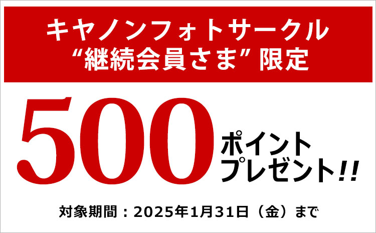 キヤノンフォトサークル”継続会員さま”限定 500ポイントプレゼント 対象期間:2025年1月31日(金)まで