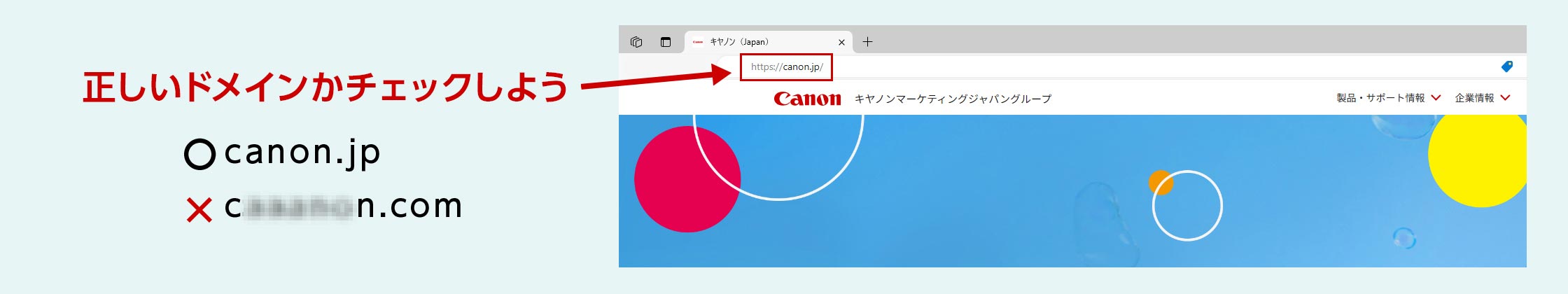 正しいドメインかチェックしよう。〇 canon.jp、× 不正なドメインと示された、ドメインチェックの画面。