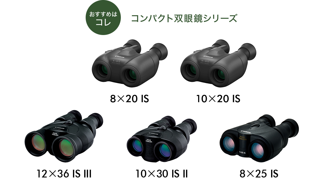 おすすめはコレ コンパクト双眼鏡シリーズ 12×36 IS III/10×30 IS II/8×25 IS
