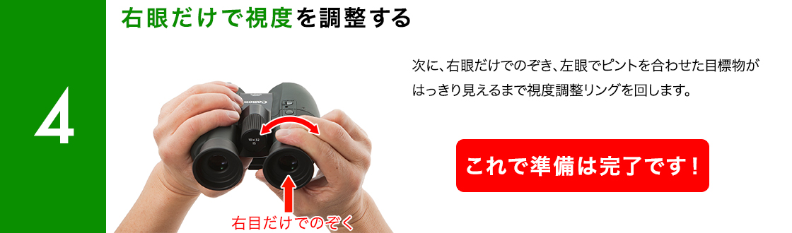 図：双眼鏡の使い方 4 右眼だけで視度を調整する