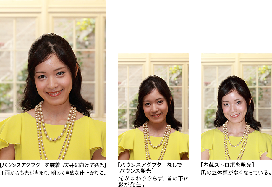 撮影サンプル：［バウンスアダプターを装着し天井に向けて発光］正面からも光が当たり、明るく自然な仕上がりに。／［バウンスアダプターなしでバウンス発光］光がまわりきらず、首の下に影が発生。／［内蔵ストロボを発光］肌の立体感がなくなっている。