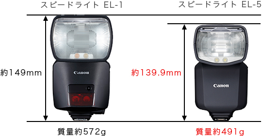 スピードライト EL-1 全長約149mm 質量約572g スピードライト EL-5 全長約139.9mm 質量約491g