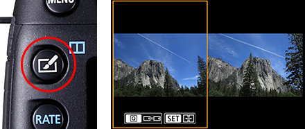 写真：［クリエイティブフォト／2画面比較再生（2枚表示）］ボタン ／ 画面：2画面比較再生（2枚表示）