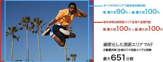 すべてのAFエリアで被写体未検出時 横 最大約90% × 縦 最大約100% 被写体検出時測距エリア全域で追尾可能 横 最大約100% × 縦 最大約100% 細密化した測距エリアでAF 自動選択時(全域AF)の測距エリア分割数 最大651分割