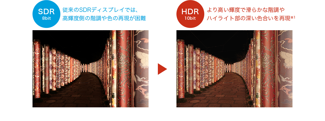 SDR 8bit 従来のSDRディスプレイでは、高輝度側の階調や色の再現が困難 HDR 10bit より高い輝度で滑らかな階調やハイライト部の深い色合いを再現