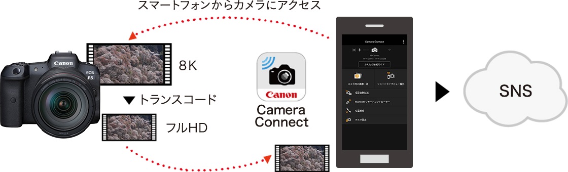 スマートフォンからカメラにアクセス 8K トランスコード フルHD