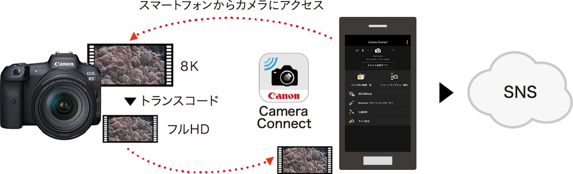 スマートフォンからカメラにアクセス　8K　トランスコード　フルHD
