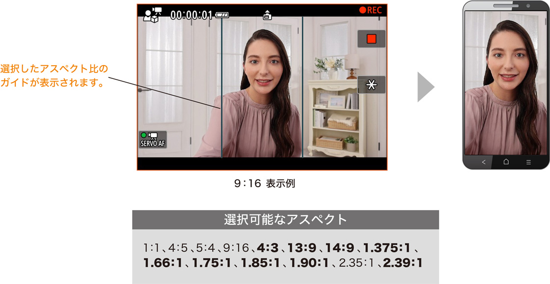 9:16表示例 選択可能なアスペクト 1:1、4:5、5:4、9:16、4:3、13:9、14:9、1.375:1、1.66:1、1.75:1、1.85:1、1.90:1、2.35:1、2.39:1