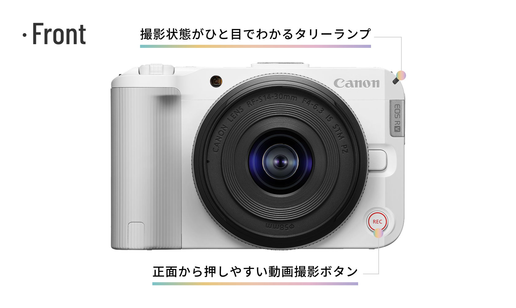 Front「撮影状態がひと目でわかるタリーランプ」「正面から押しやすい動画撮影ボタン」
