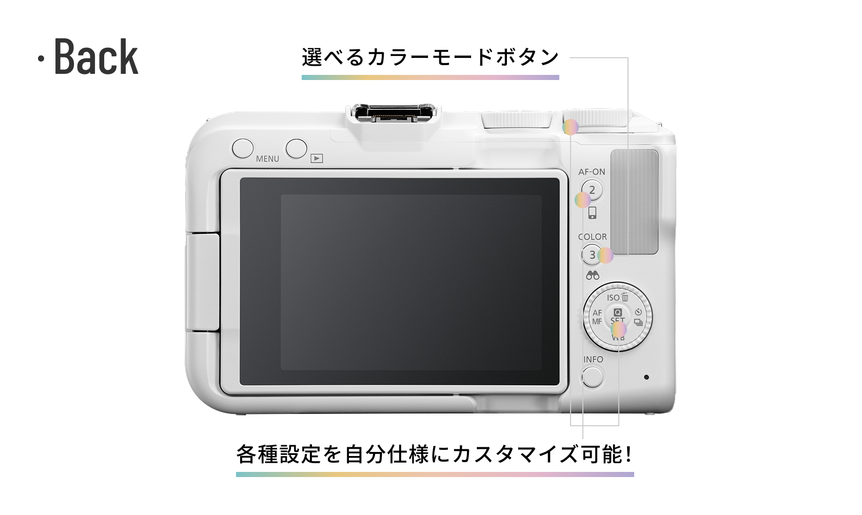 Back「選べるカラーモードボタン」「各種設定を自分仕様にカスタマイズ可能！」