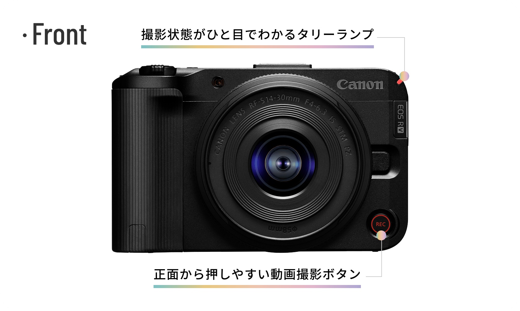 Front「撮影状態がひと目でわかるタリーランプ」「正面から押しやすい動画撮影ボタン」