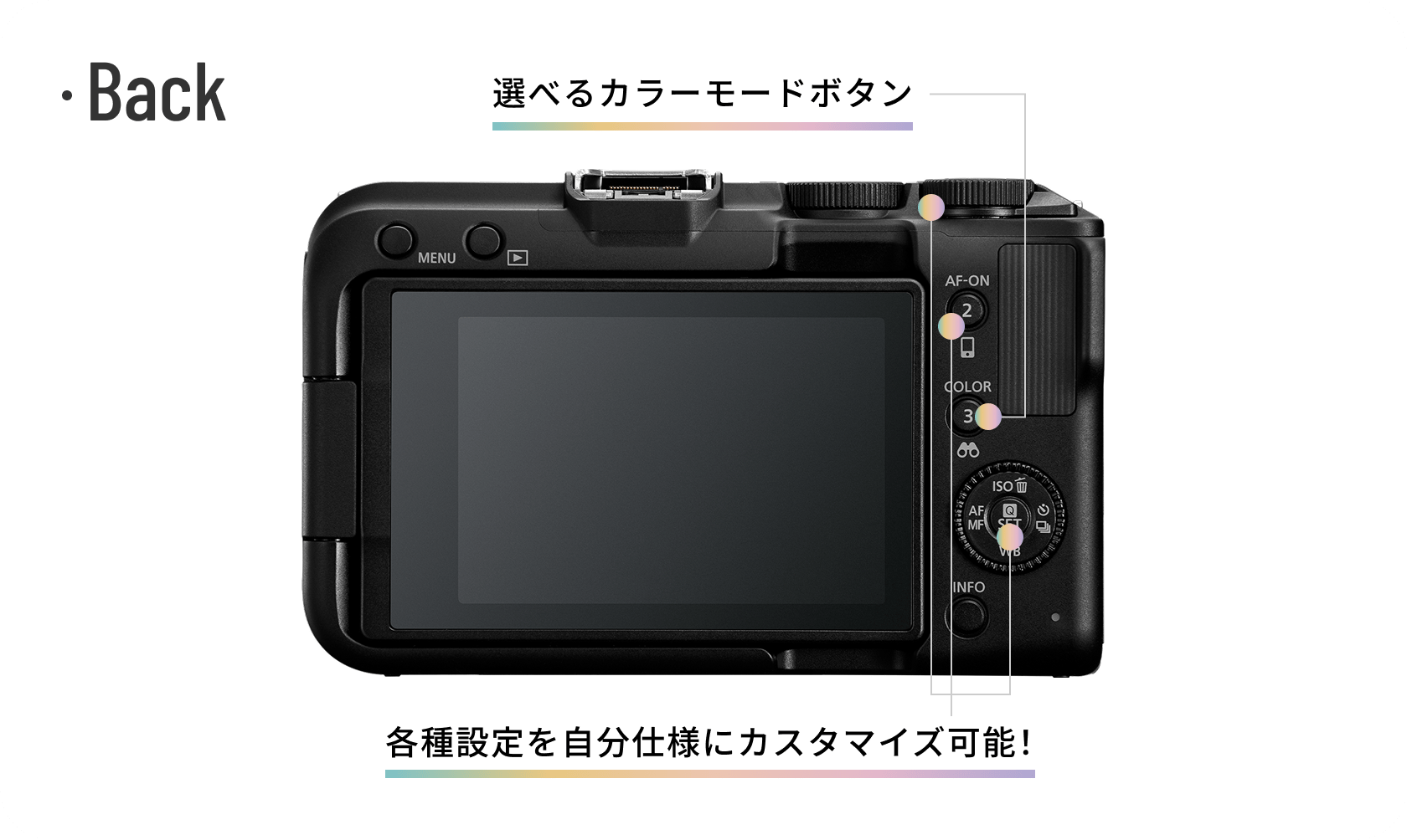 Back「選べるカラーモードボタン」「各種設定を自分仕様にカスタマイズ可能！」