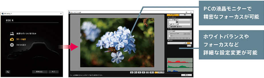 PCからリモート撮影 ホワイトバランスやフォーカスなど詳細な設定変更が可能