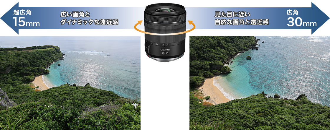 超広角15mm:広い画角とダイナミックな遠近感 広角30mm:見た目に近い自然な画角と遠近感