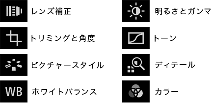 多彩な編集機能 アイコン レンズ補正／明るさとガンマ／トリミングと角度／トーン／ピクチャースタイル／ディティール／ホワイトバランス／カラー