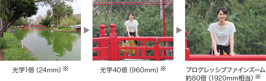 光学1倍(24mm)※ 光学40倍(960mm)※ プログレッシブファインズーム80倍(1920mm相当)※