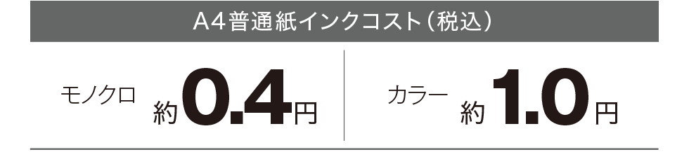 A4普通紙インクコスト(税込) モノクロ約0.4円 カラー約1.0円