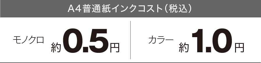 A4普通紙インクコスト(税込) モノクロ約0.5円 カラー約1.0円
