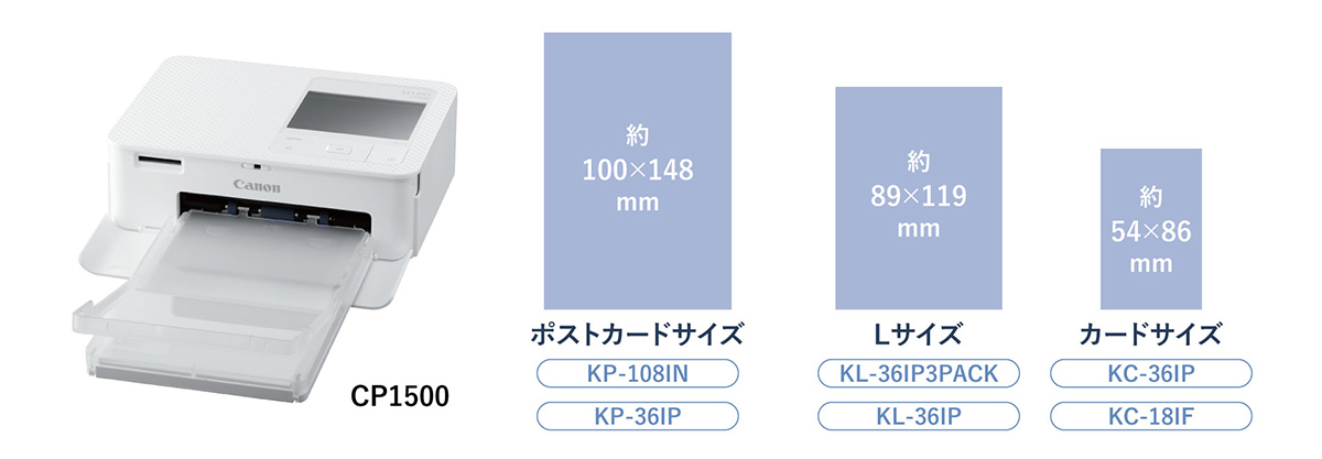 CP1500、約100×148mm ポストカードサイズ KP-108IN KP-36IP、約89×119mm Lサイズ KL-36IP3PACK KL-36IP、約54×86mm カードサイズ KC-36IP KC-18IF