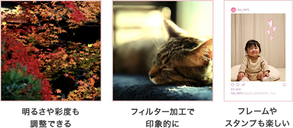フレーム・スタンプ機能、調整機能(明るさや彩度)