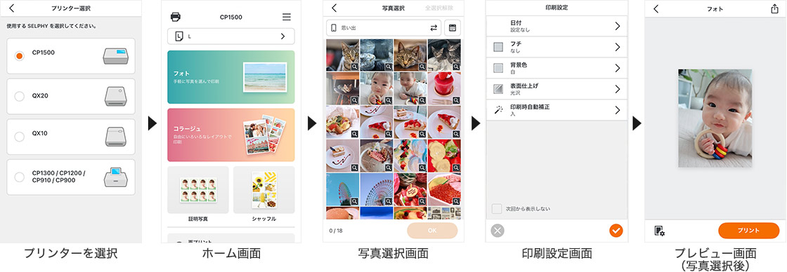 プリンターを選択/ホーム画面/写真選択画面/印刷設定画面/プレビュー画面(写真選択後)
