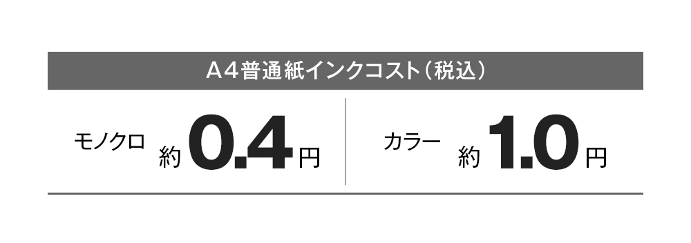 A4普通紙インクコスト（税込）モノクロ 約0.4円｜カラー 約1.0円