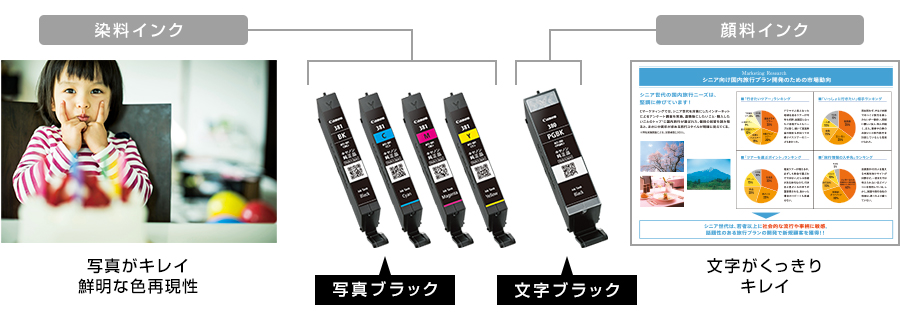 染料インク 写真がキレイ 鮮明な色再現性 /顔料インク 文字がくっきりキレイ