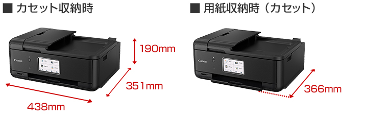 カセット収納時 高さ190mm 幅438mm 奥行351mm 用紙収納時(カセット) 奥行366mm