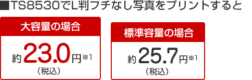 TS8530でL判フチなし写真をプリントすると 大容量の場合 約23.0円※1 標準容量の場合 約25.7円※1