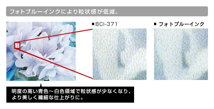 フォトブルーインクにより粒状感が低減。明度の高い青色~白色領域で粒状感が少なくなり、より美しく繊細な仕上がりに。