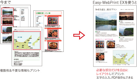今まで…複数枚&不要な情報もプリント Easy-WebPrintEXを使うと…必要な部分だけを自由にレイアウトしてプリント 文字の入力、PDF保存もできる