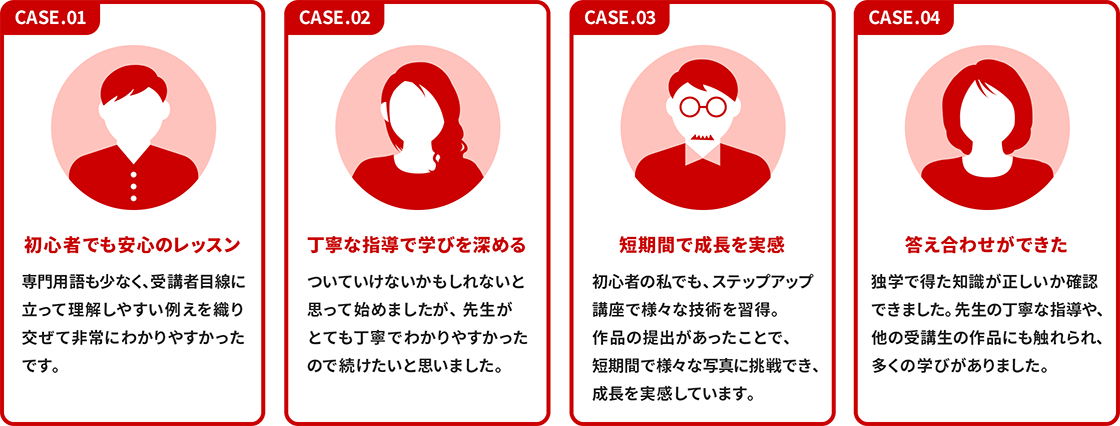 「受講者の声」をご紹介します。「初心者でも安心のレッスン」「丁寧な指導」「短期間で成長を実感」「独学の答え合わせができた」などの声が寄せられました。